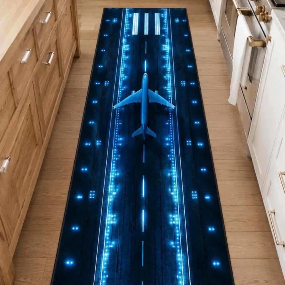 Airplane Runway Rug Sunset City Long Runner Rug Non Slip Washable Kitchen Mat Airport Light Scenic Hallway Entryway Carpet