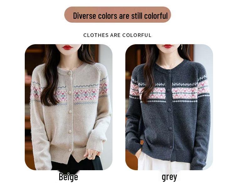 Autumn 2025 Korean Style Round Neck Wool Cardigan - Women's Retro Jacquard Button Sweater, Loose & Slimming.