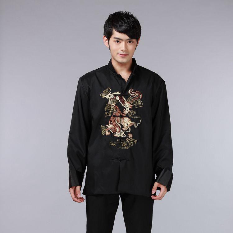 Men's Embroidered Double Dragon Tang Suit Jacket - Long Sleeve, Middle-Aged & Elderly, Spring/Autumn Casual Performance Top