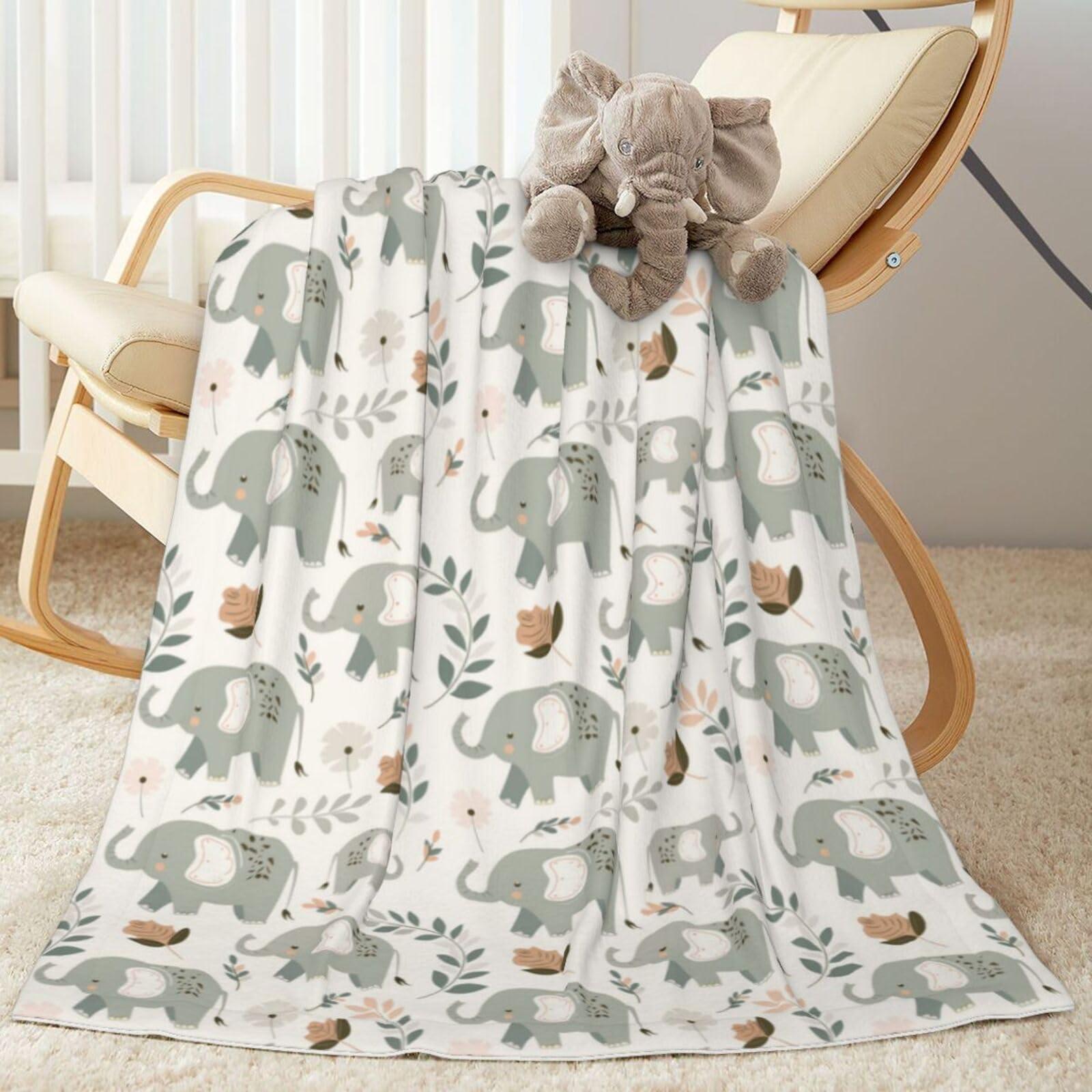 VIKAMA Minimalist Baby Elephant Blanket Fresh Floral Soft Flannel Living Room & Bedroom Throw Outdoor Travel Blanket Home Decor 75X95CM