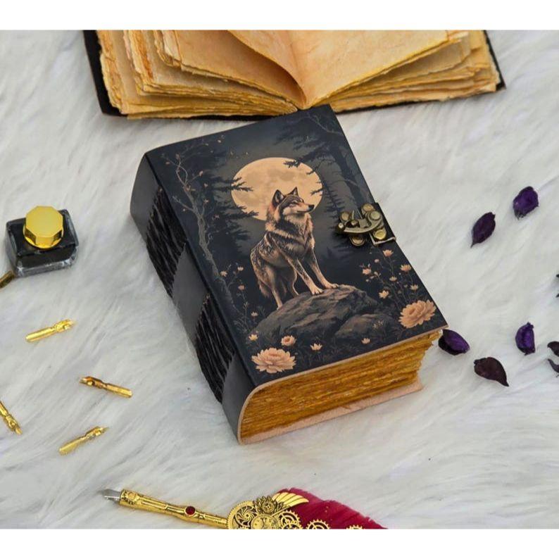Lunar Wolf Grimoire – Handcrafted Vintage Book with Lock | Leather Notebook with Wolf & Moon Cover | Aesthetic Gothic Book | Grimoire Book