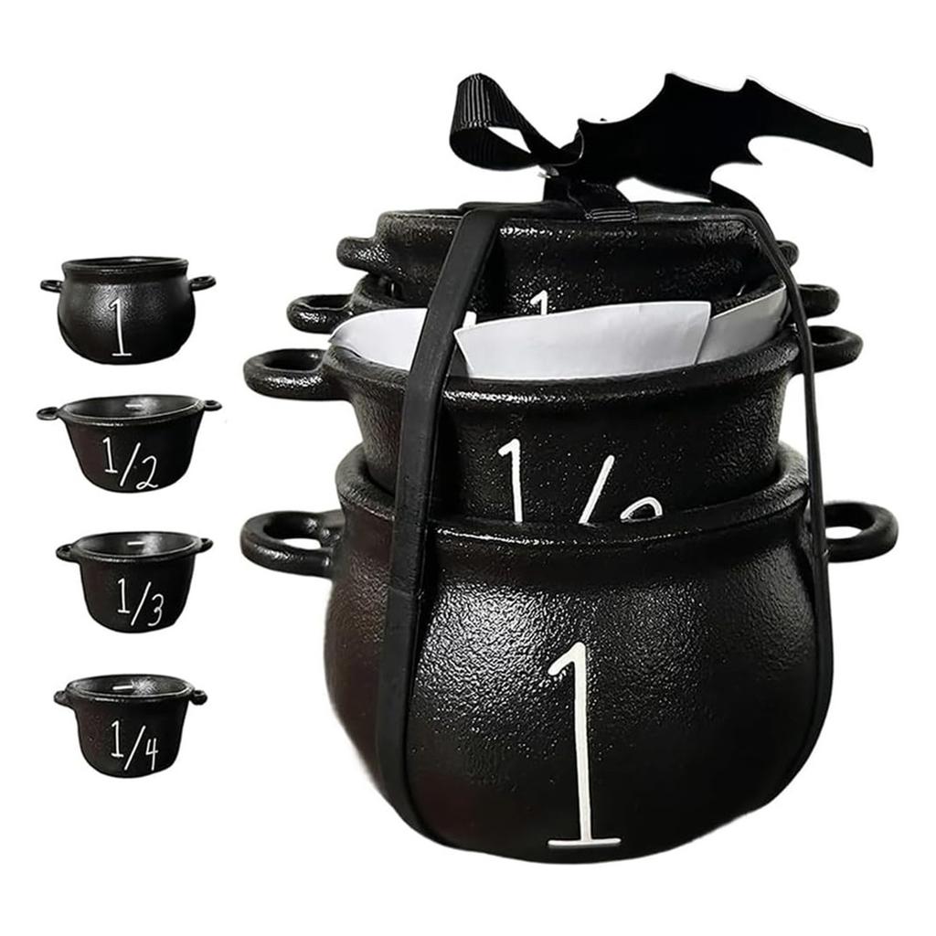4PC  Witch Cauldron Set, Halloween  Kitchen Measuring Cup, Plastic Stackable Black Candy Pot With Handle, Home Party Favors Candy Bowl Decor,