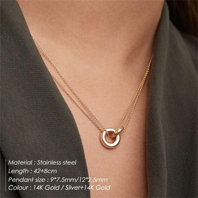 Two-Tone Stainless Steel Geometric Round Pendant Double Layer Choker Necklace