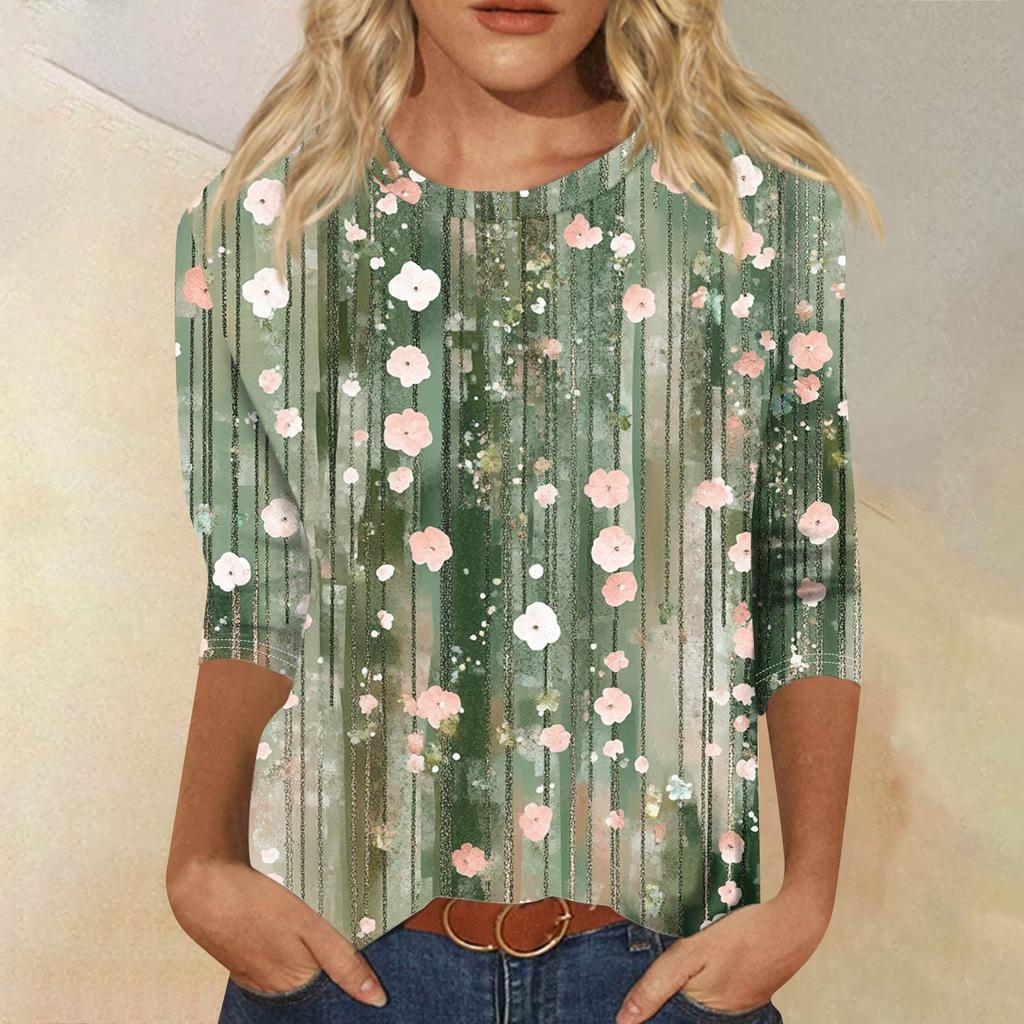 Women's Fashion Casual Seven Sleeve Printed Round Neck T-Shirt Top