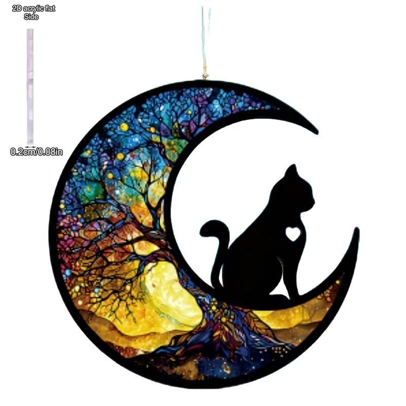 Cat Moon Tree of Life Theme Sun Catcher Acrylic Hang Sign, Nurseries, Vintage Home Decor Wall for Bar Kitchen, Restaurant Shop Wall Decor, Gar