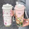 Woman Flower Coffee Mug 500ml 316 Stainless Steel Vacuum Flask Straw and Directly Drinking Insulated Tumbler  Thermal Cup