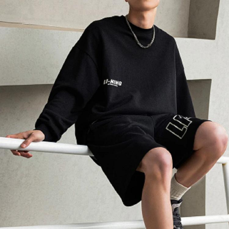 Li-Ning Letter Logo Print Crew Neck Sweatshirt Men Tops Black AWDT683-2