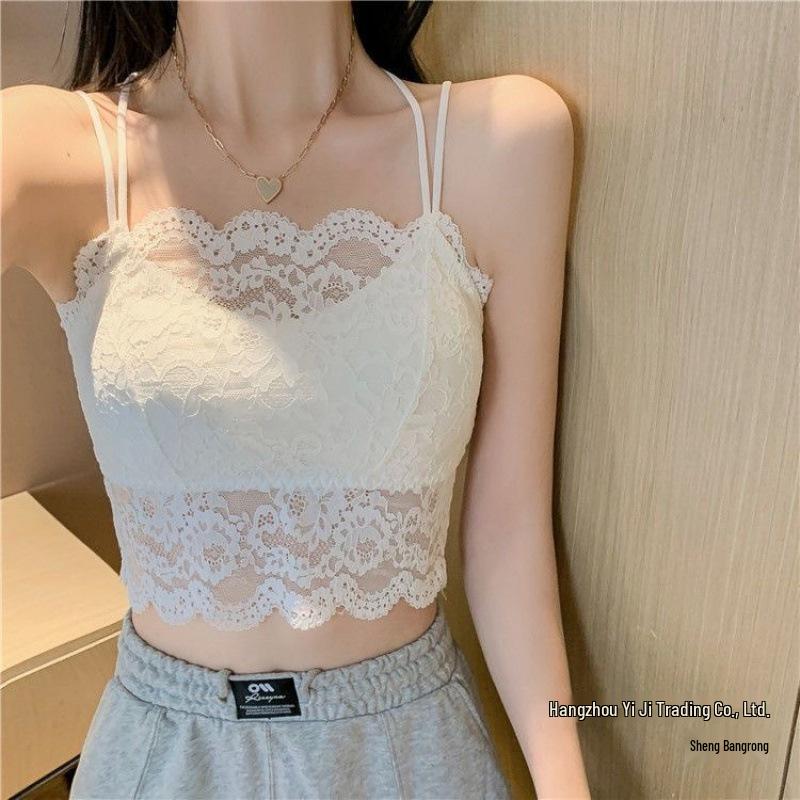 Lace Camisole Bustier Top with Strapless Back, Chest Pads, Wire-Free Push-Up, Anti-Exposure Design for Young Girls