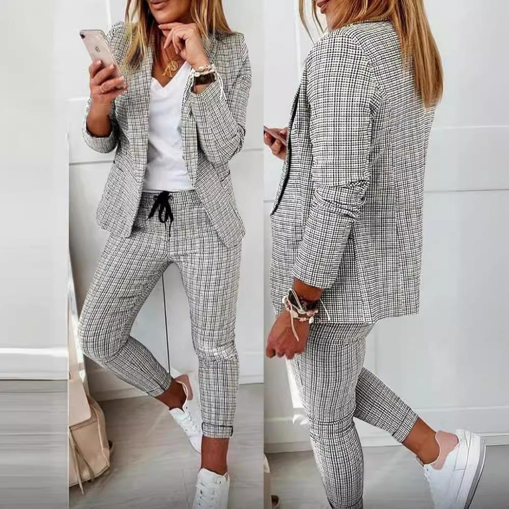 Autumn Winter Plaid Printing Two Piece Sets Women Casual Notched Collar Blazer & Pants Set Outfits Fashion Elegant Suit Sets