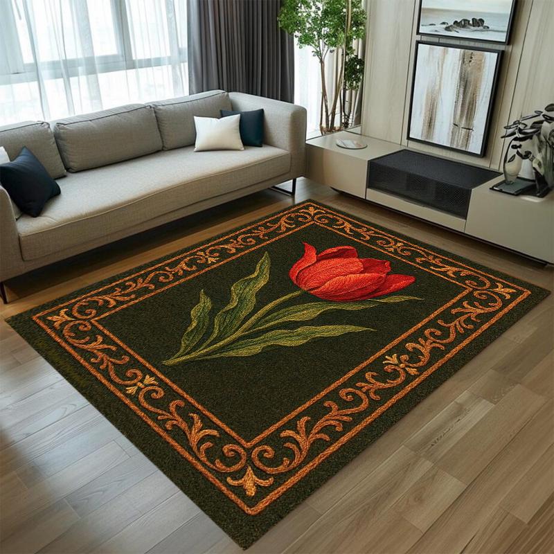 Tulip Flower Pattern Carpet Mat Rug Home Decoration Red Tulip Green Leaf Dark Green Background Floor Decor Living Room