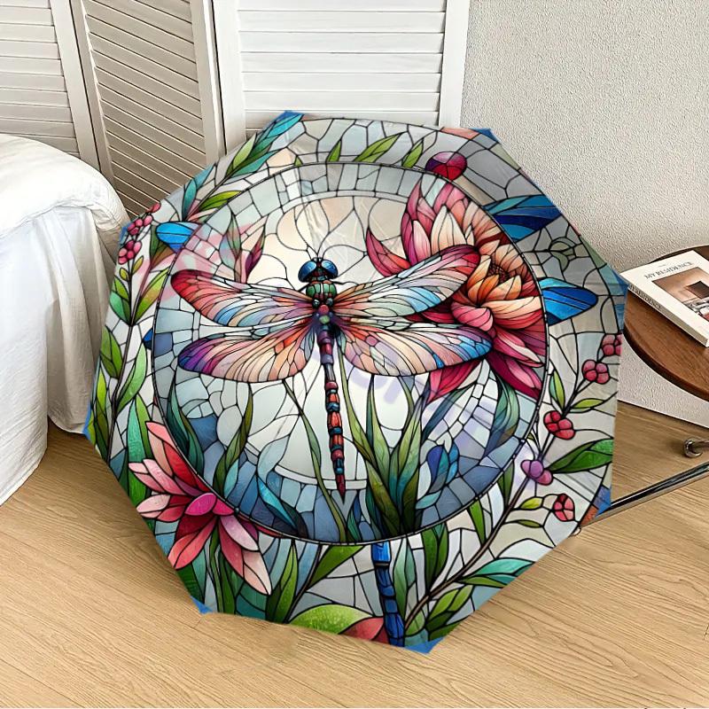 

1PC Dragonfly Floral Design Automatic 8-Bone Folding Umbrella - Durable Polyester & Iron Frame,Userfriendly Operation y250929138