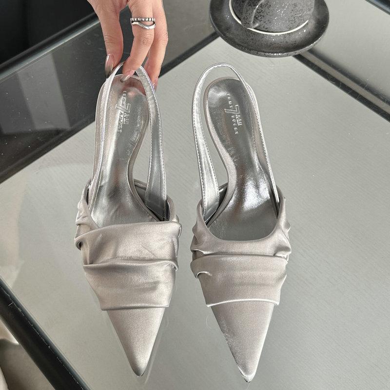 Mode 2025 Herbst Neu Leder Plissiert Kleine Spitze Hohe Absätze Mit Seide Zehen Sandalen Damen Silber Dinner Schuhe