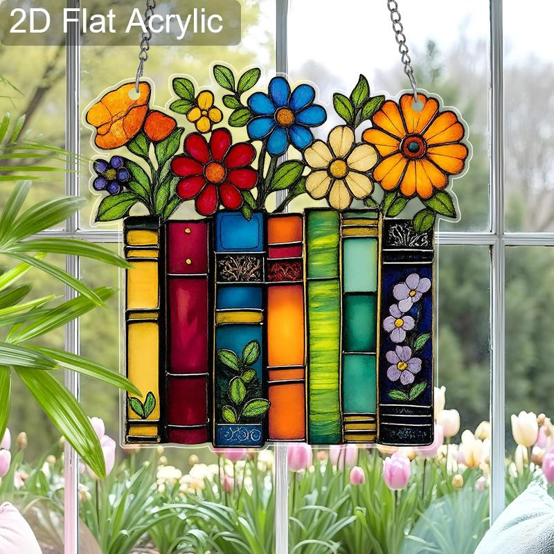 Acrylic Books with Colorful Flowers Suncatcher, Stained Glass Effect Window Hanging Ornament for Book Lovers & Art Themed Gifts