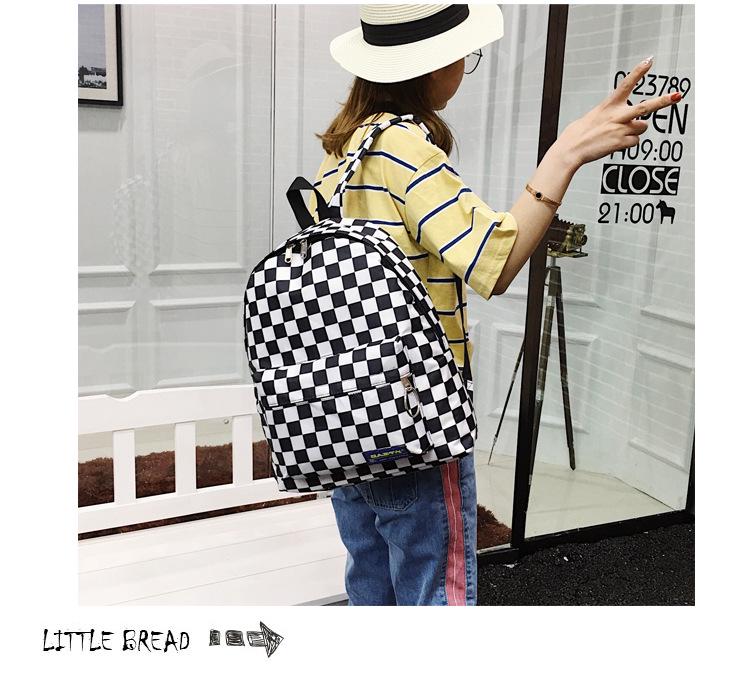 2018 Black & White Checkered Nylon Backpack – Casual Outdoor Women's Student Bookbag