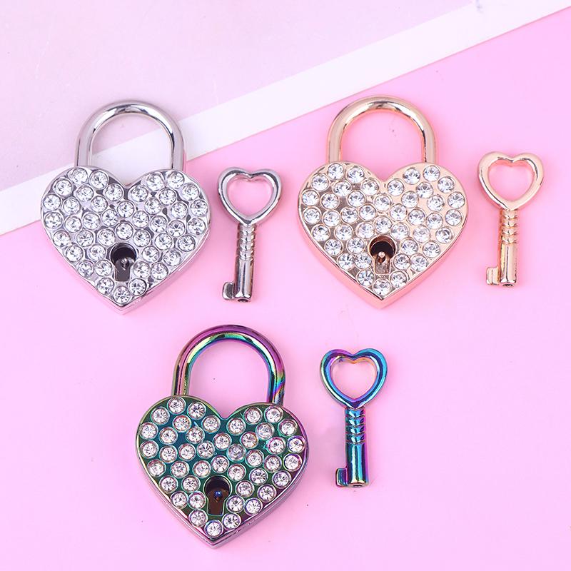 New Metal Love Wish Lock Keyed Padlocks Diamonds Heart Shaped Lock For Jewelry Box Small Wooden Box