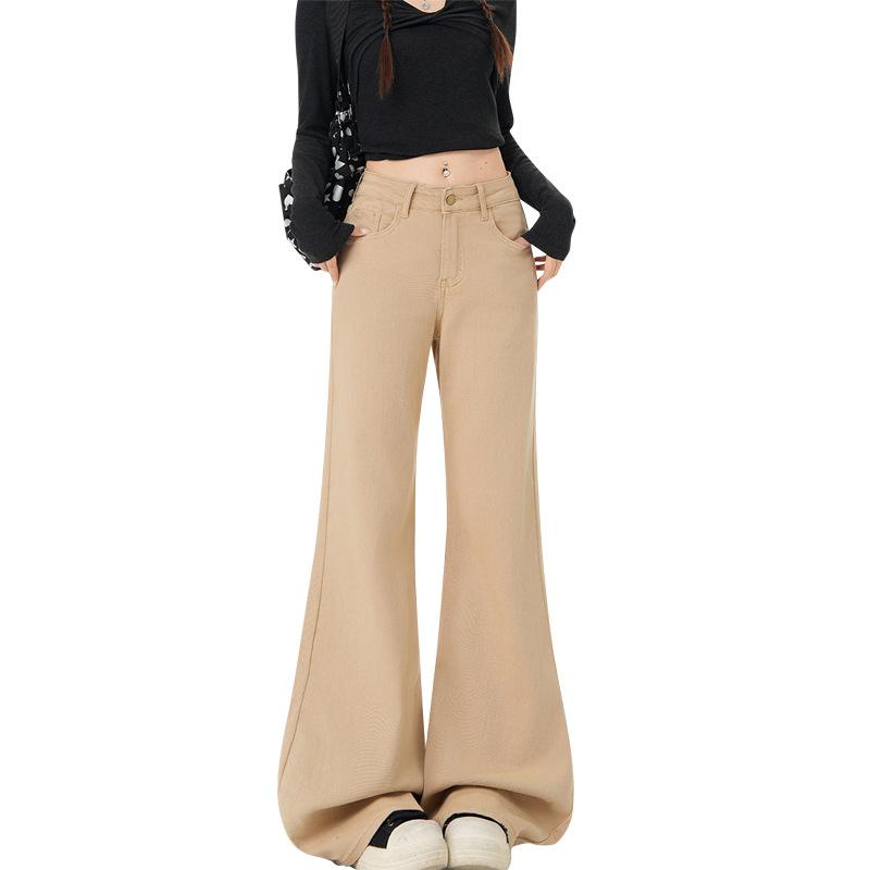 Khaki Embroidered Elastic Micro-flared Jeans Women's Autumn and Winter High Waist and Thin Non-stick Leg Embroidered Floor Pants Yichun