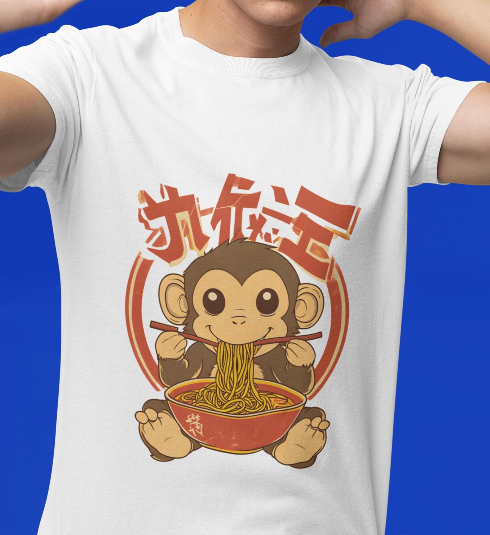Retro Monkey Ramen T-Shirt: Vintage Graphic, Funny Foodie Tee L
