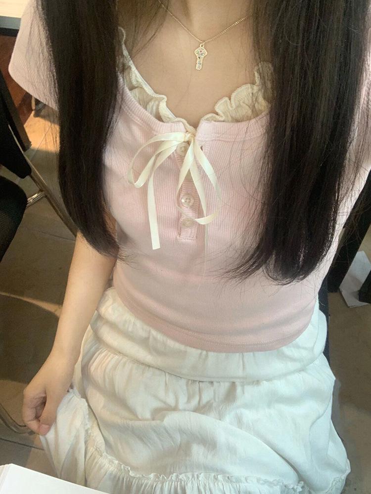 Women's Pink Ruffle Edge Lace-Up Shoulder Cotton Short Sleeve Fake Two-Piece Summer Top