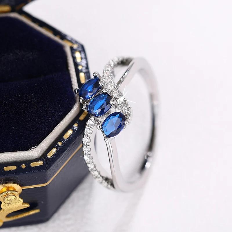 Huitan Aesthetic Curve Design Women Ring with Bright Blue Cubic Zirconia Elegant Party Accessories Jewelry for Anniversary Gift