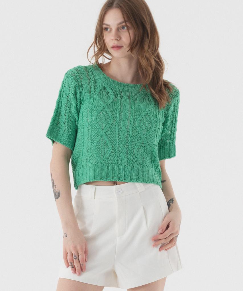 PIANER See-Through Punched Boucle Short Sleeve Knit (Green)