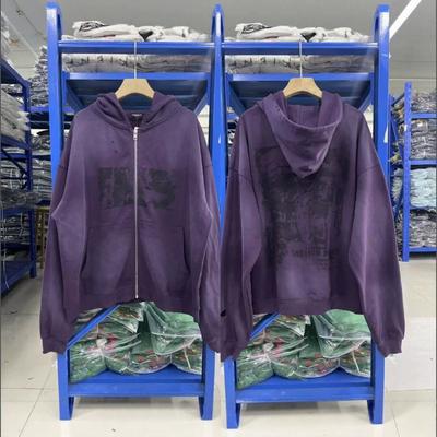 Unisex Streetwear Hooded Zip-Up Sweatshirt With Vintage Wash Print Kangaroo Pocket