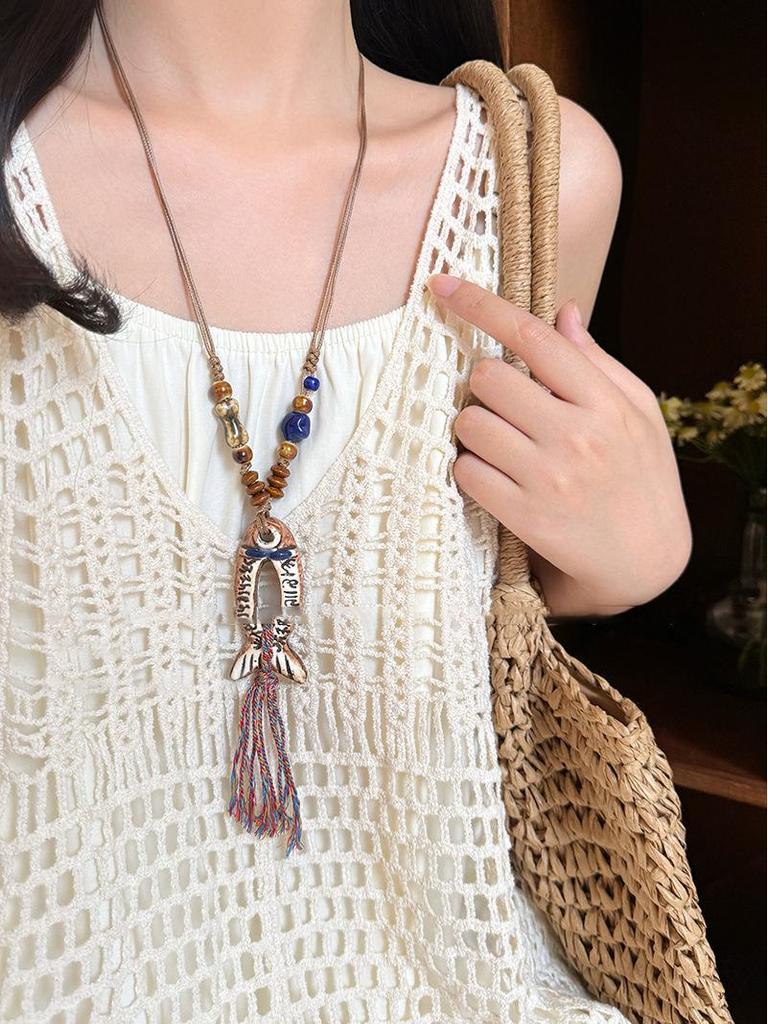 Bohemian Coffee Vintage Tassel Necklace, Ethnic Butterfly Pendant, 2025 Sweater Chain.