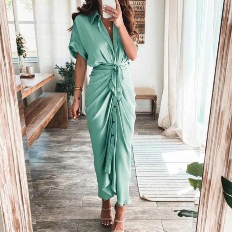 Fashion Women Elegant Turn Down Collar Shirt Dress Summer Short Sleeve with Slit Party Office Ladies Dresses