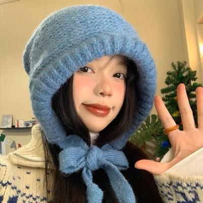 Hat Women's Winter Big Head Circumference Knitted Hat Versatile Face Small Lace-up Bag Hat Dual-purpose Ear Protector Headgear