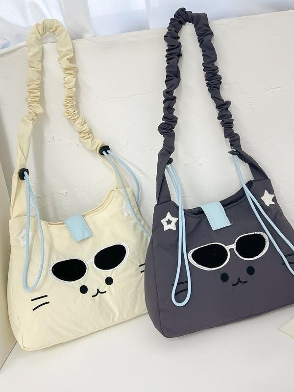 Korean Style Embroidered Cat Shoulder Bag With Nylon Material For Casual Daily Use