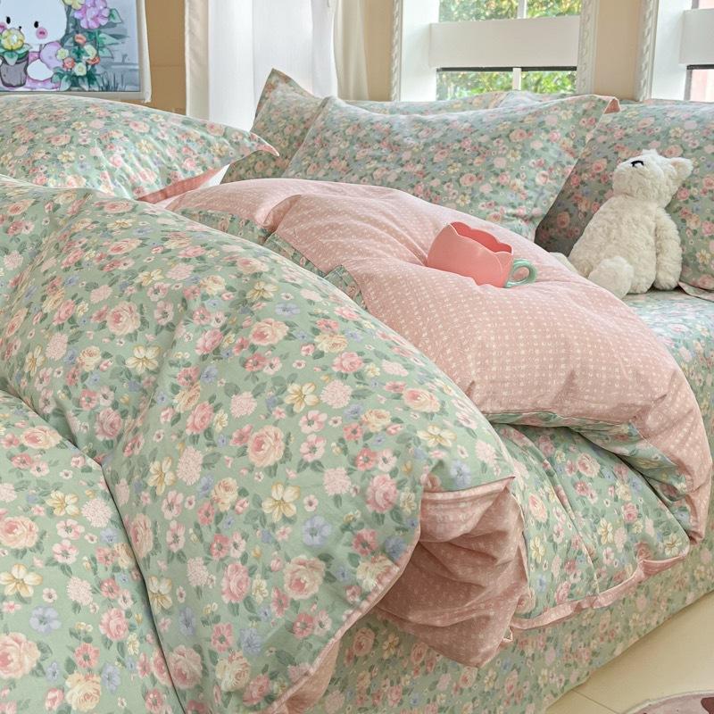100% Cotton Bed Four-piece Set Skin-friendly Breathable Quilt Cover Bed Sheet Pillowcase Set Pastoral Small Flower