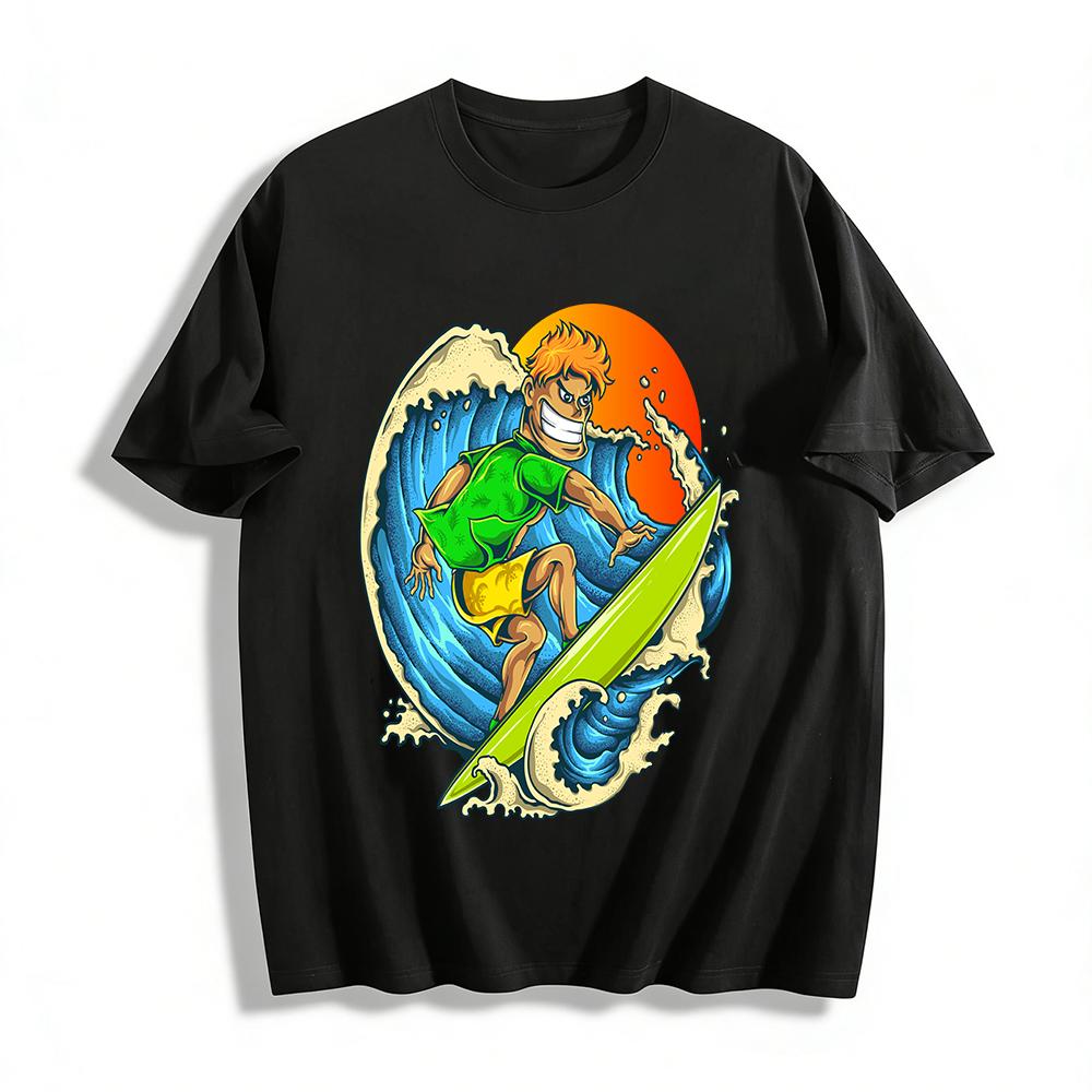 Summer Surf Guy Print Tee American Street Style Surf Themed T-Shirt Pure cotton T-shirt XXS