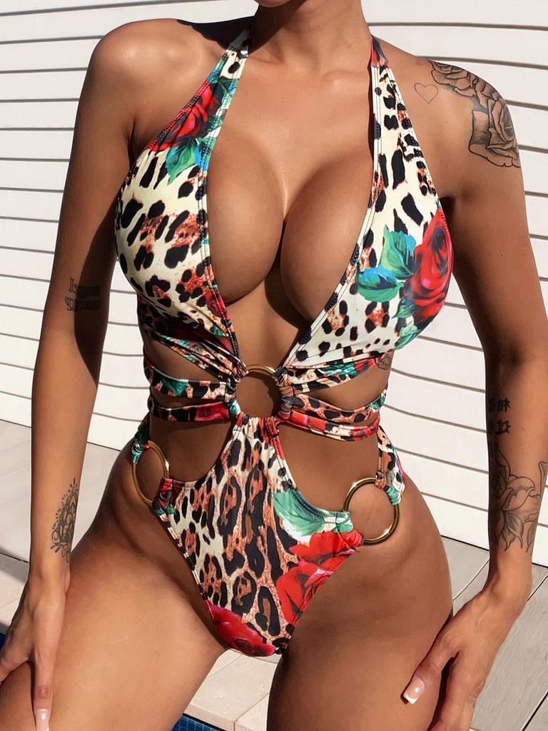 Leopard Floral Metal Ring Wrap Around Cut Out Monokini One Piece Swimsuit Women Swimwear Female Bather Bathing Suit Swim K3713