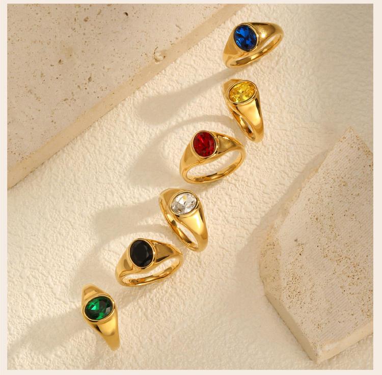 Colorful Zircon Seal Ring For Women, 316L Stainless Steel Green Black Blue Red White CZ Rings, Gold Plated Engagement Jewelry