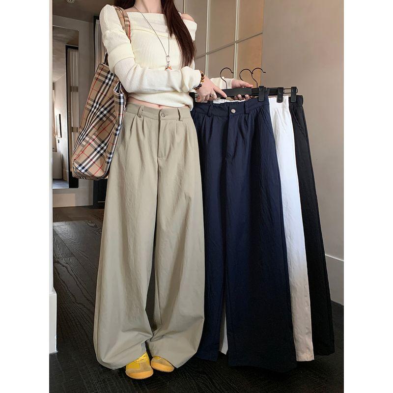 Kumikumi Retro Pure Color High Waist Draped Casual Pants Women's Clothing Fall Easiest for Match Loose Slim Looking Loose Pants