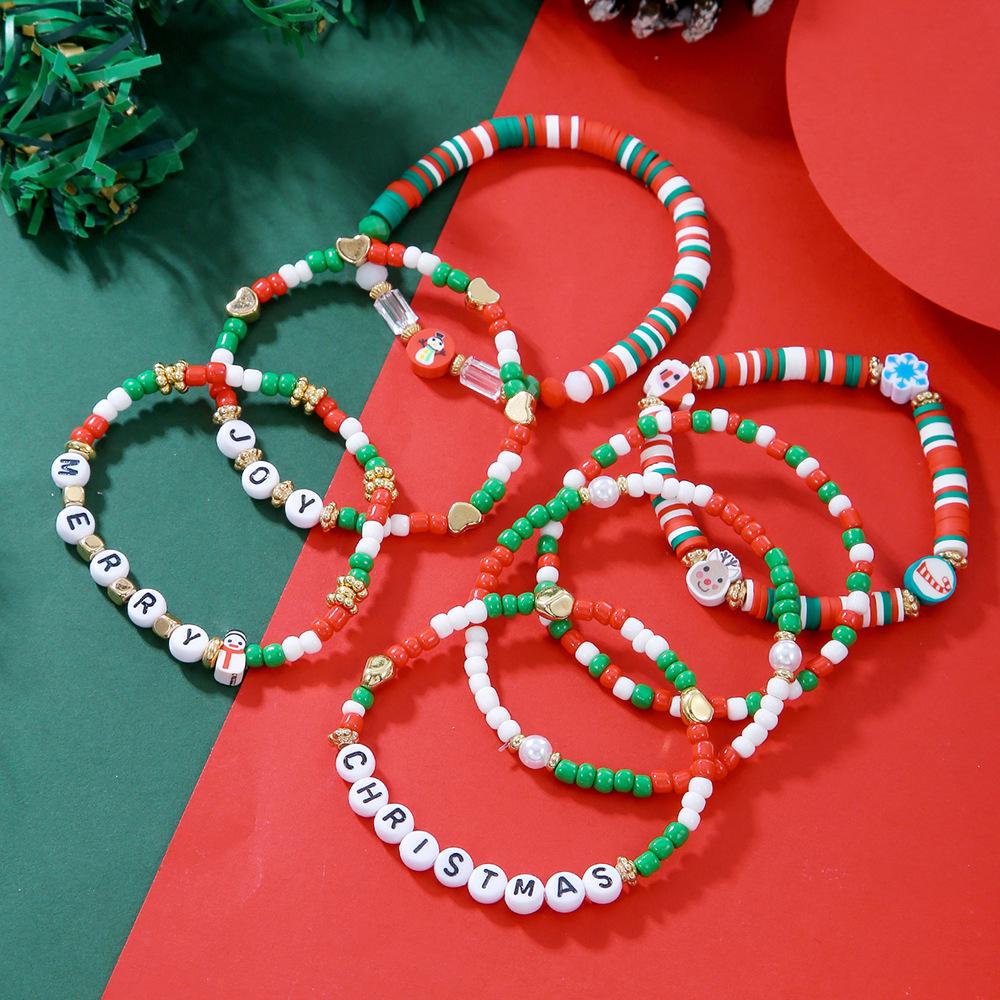 Christmas Charm Bracelet Set: Santa, Reindeer & Bell Beaded Pearl Polymer Clay Design