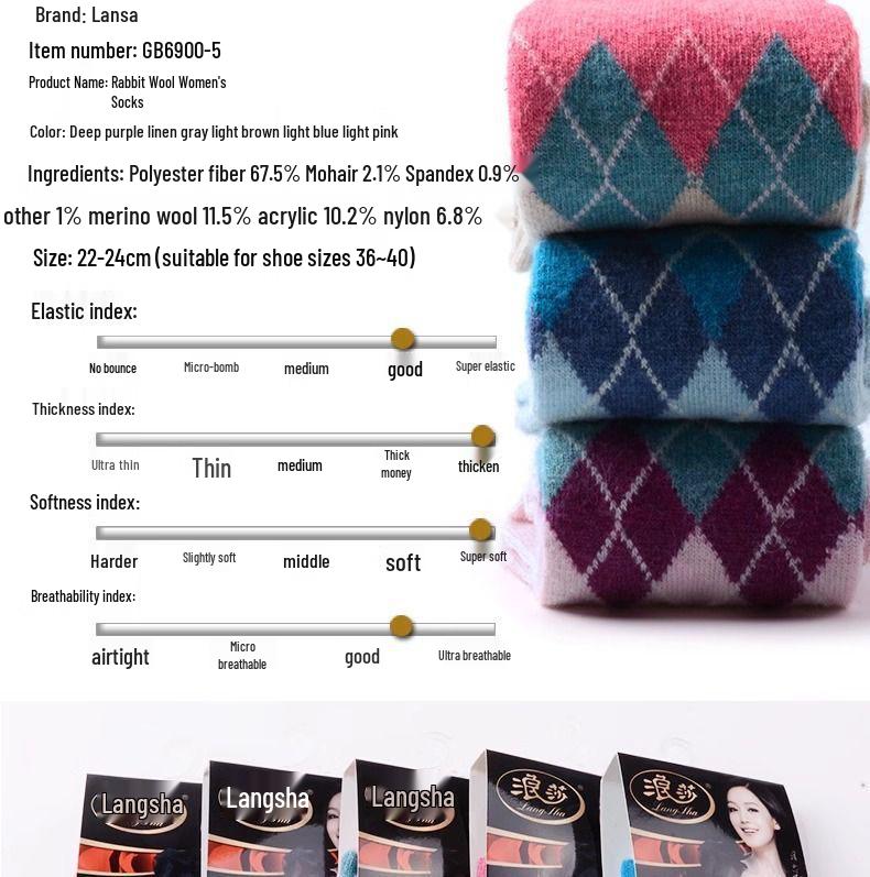 Langsha Women's Thickened Mid-Calf Rabbit Wool Plaid Socks for Autumn and Winter.