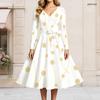 Women Plus Size V Neck Long Sleeve White Printed A Line Flared Dress With Tie Waist