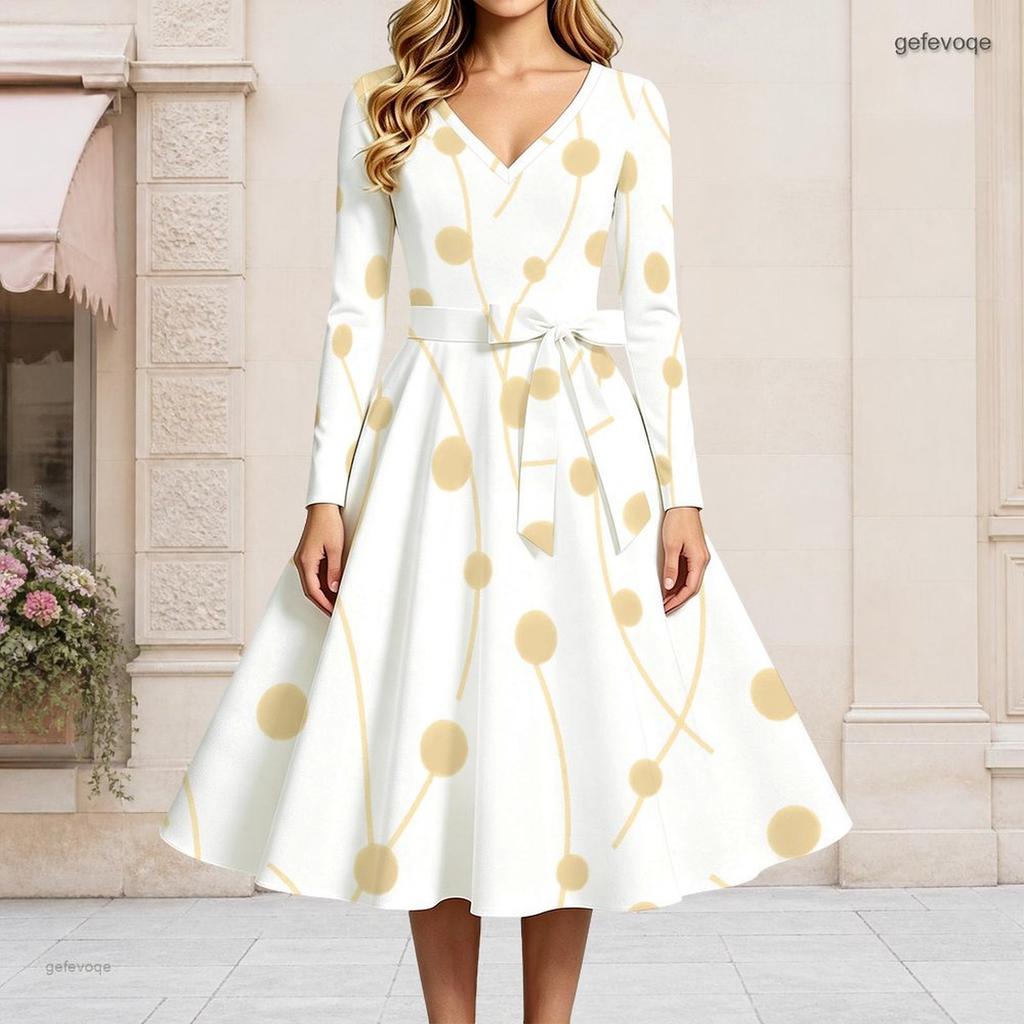 Women Plus Size V Neck Long Sleeve White Printed A Line Flared Dress With Tie Waist