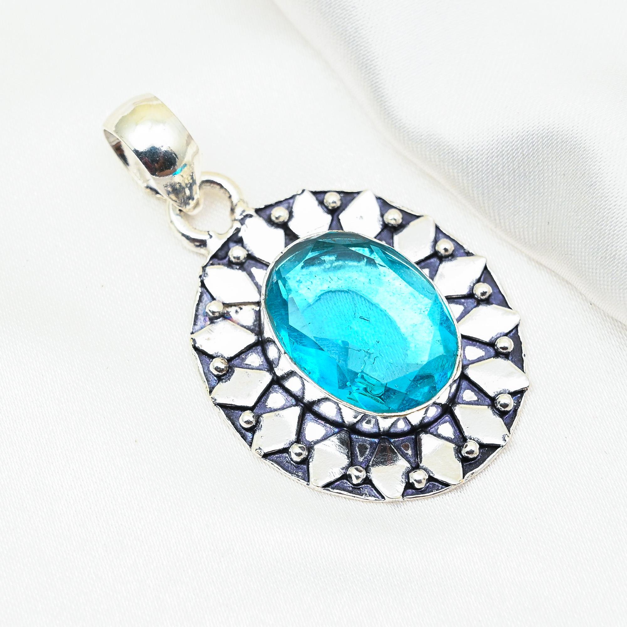 

Подвеска с голубым топазом, ювелирные изделия из цельного серебра 925 пробы с драгоценными камнями, подвеска ручной работы, на День благодарения 1.96 Inches синий