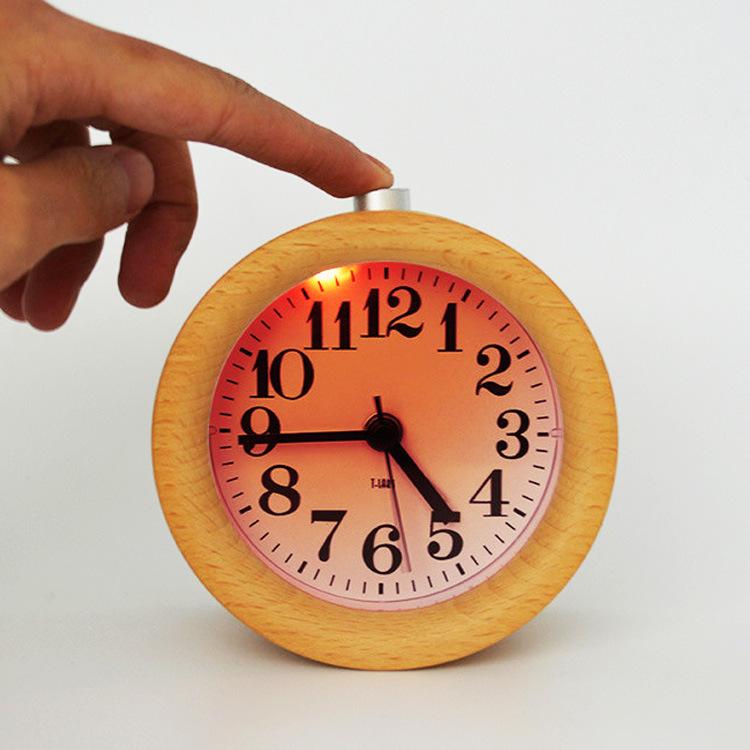Beech Wood Silent Luminous Quartz Alarm Clock with LED Night Light