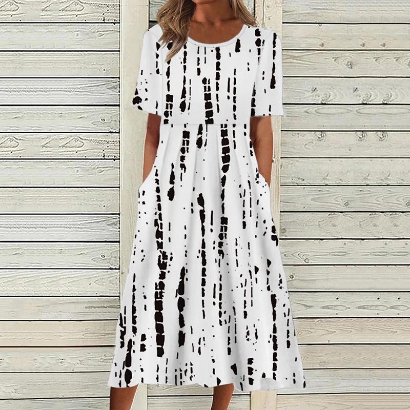 2023 Sommer Midt-Høy Liv Kvinner Casual Rund Hals Trykket Swingkjole