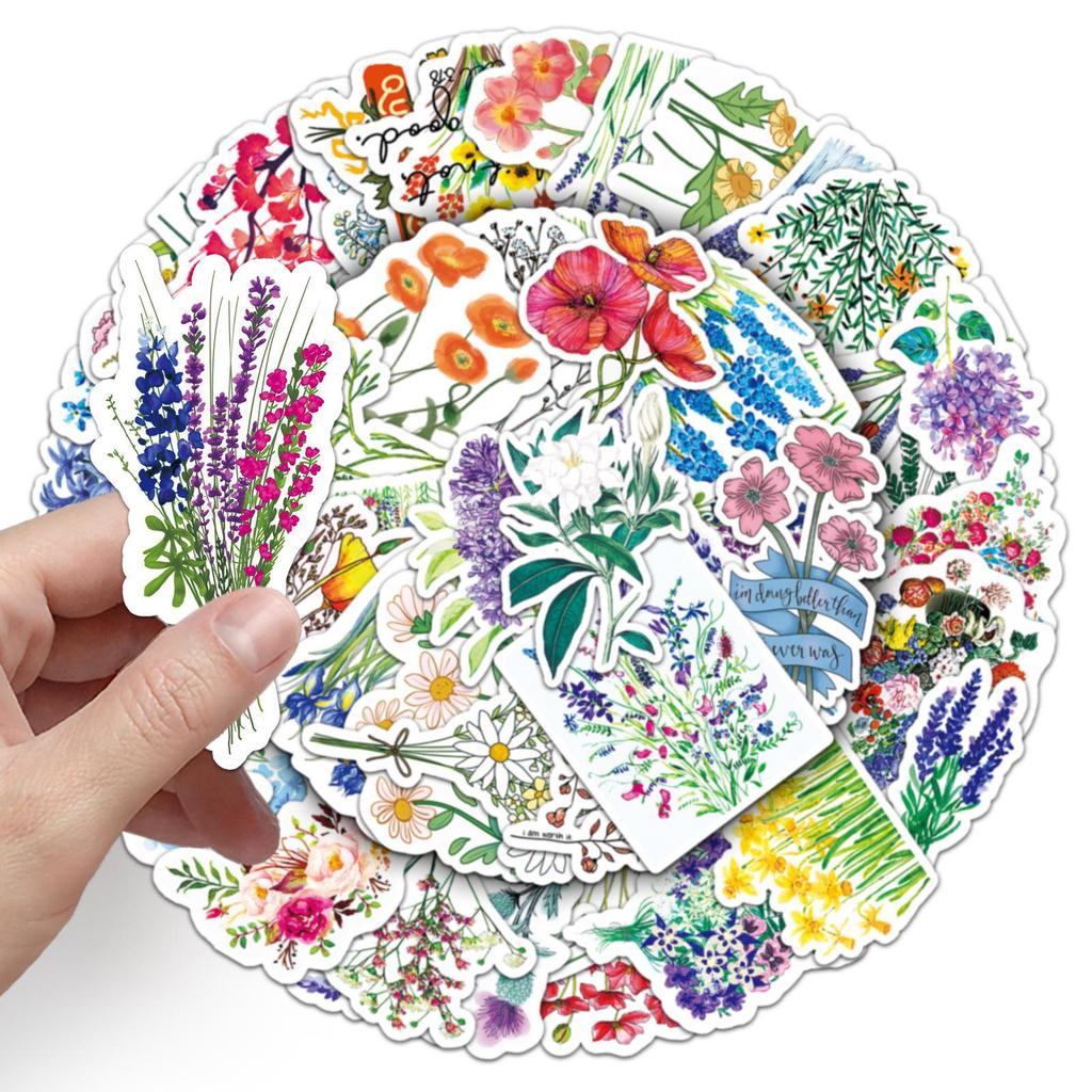 50 Sheets Vibrant Floral Cartoon Plant Stickers - INS Style Retro Journal Material