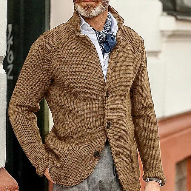 Men's Casual Long Sleeve Solid Color Knitted Cardigan - European & American Fashion
