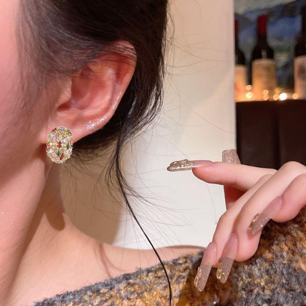 Oval Shape Colorful Zircon Earring Copper Gilding Ear Drop Simple Ear Jewelry  Women