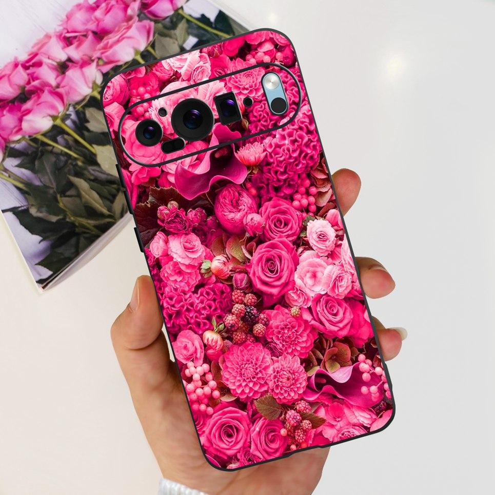 

For Google Pixel 9 Back Case Liquid Black Silicone Soft Bumper Funda Women Fashion Flower Jelly Pattern Cover Google Pixel 9 Pro Google Pixel 9 Pro