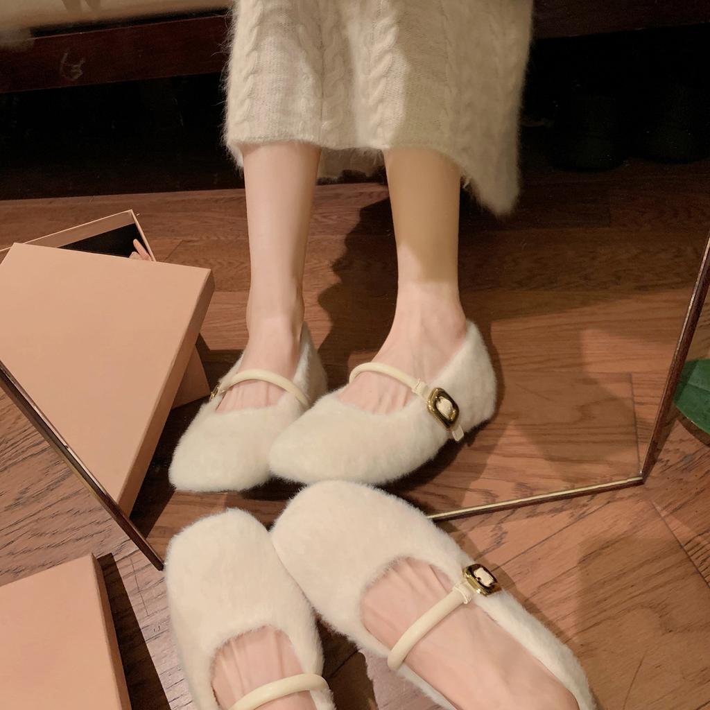 Wool Version~ French Gentle Inner Height Increase One-word Buckle Mary Jane Shoes Women's Autumn and Winter New Fluffy Shoes Velvet Single Shoes