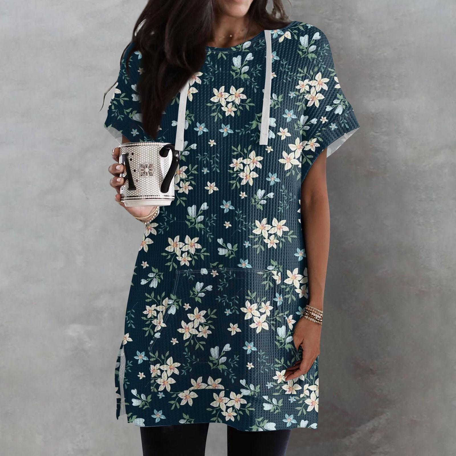 

Жіночі вільні сорочки з принтом, короткими рукавами і шнурками, в’язані туніки з бічним розрізом, капюшоном і кишенею XXL Темно-синій
