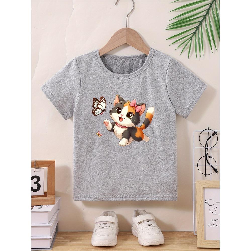 Cute and Stylish Butterfly and Kitten Print T-shirt for Kids