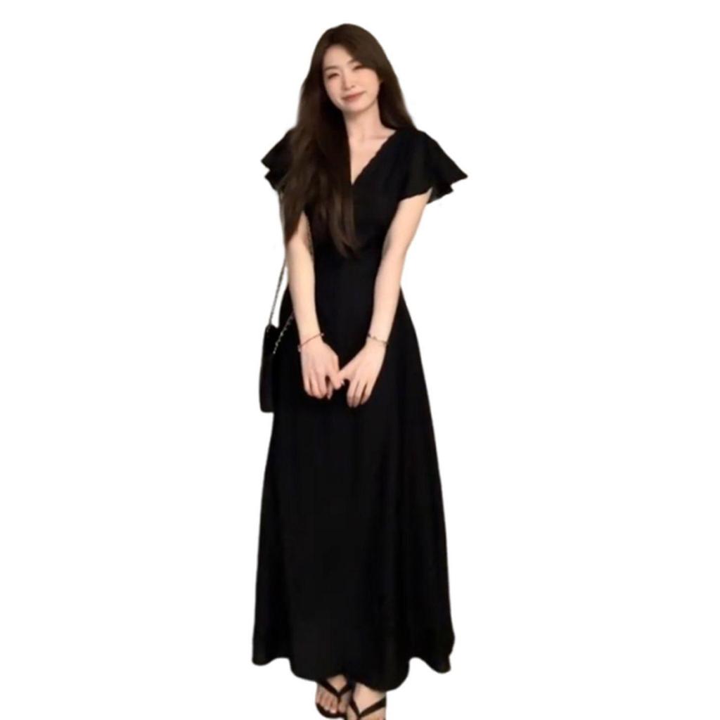 Hepburn-Style Black V-Neck Women's Summer 2026 High-End Long Dress