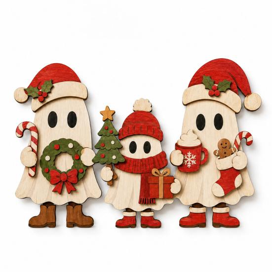 Decorative Ghost Statue for Mantel 3Pcs Wooden Christmas Ornaments with Stable Base Tabletop Holiday Entryway Cabinet Decorations Decor, 2D Flat Cute